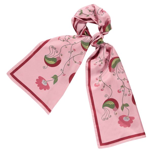 Pink silk scarf Fåglar with a hand-drawn print