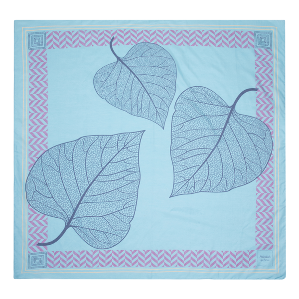 Blue square scarf with leaf print