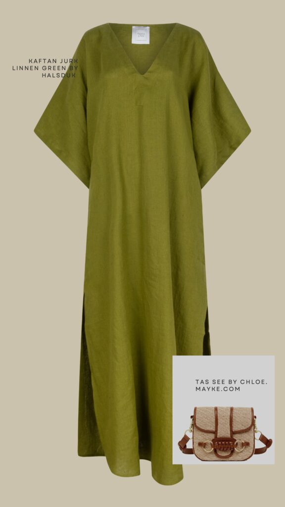 Moss green linen kaftan dress by Halsduk