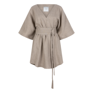 Linen kaftan short dress in a sand color