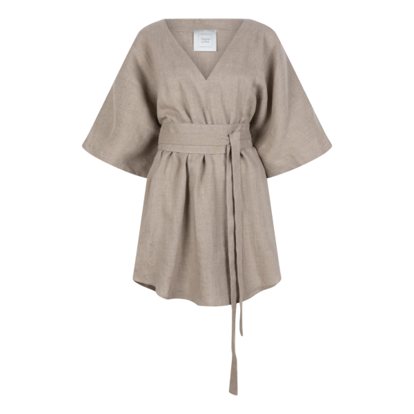 Linen kaftan short dress in a sand color